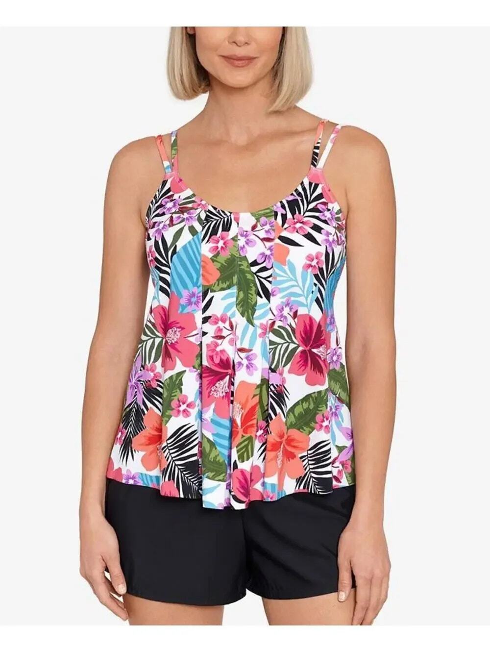 NWT Swim Solutions Tropical Pleated Tankini Swim Bathing Suit Top Women's 12